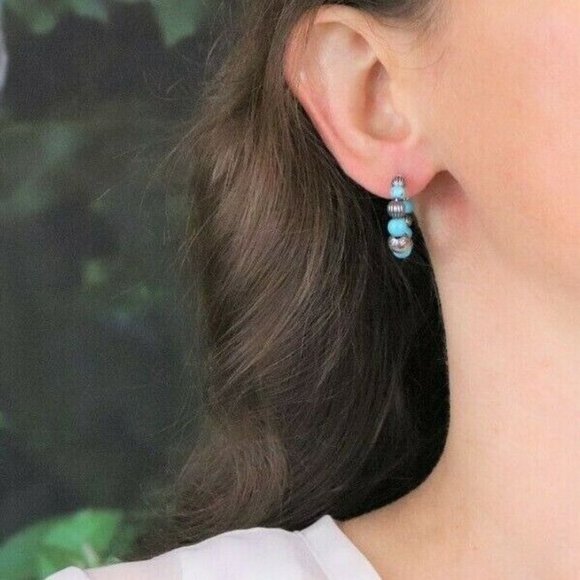 Sterling Silver Created Turquoise Bead Hoop Earrings - Picture 2 of 7